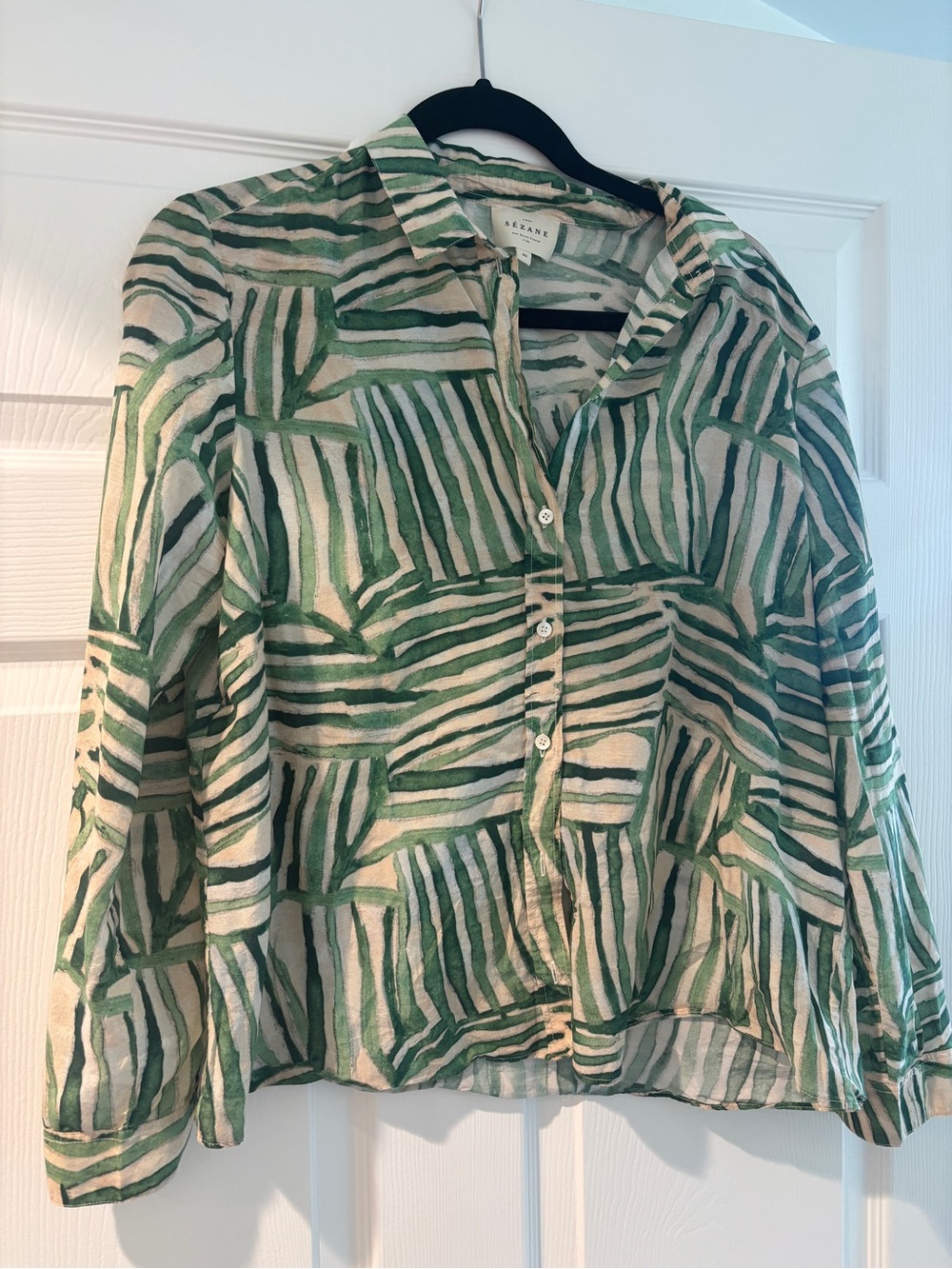 Sézane Cotton Silk Blouse – Green Abstract Print – Size 40 (US 8) – Like New